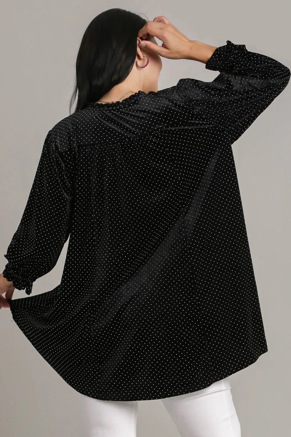 Umgee Full Size Beaded Frill Flounce Sleeve Velvet Babydoll Blouse 8e659800-6f32-4bc5-9a5d-4229c1a3807b-Max
