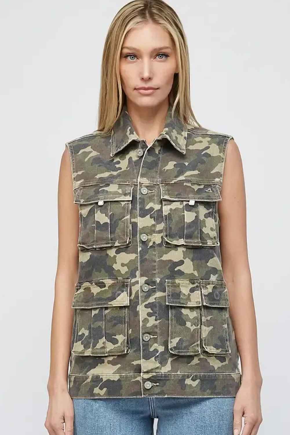 Green Camouflage Print Button Cargo Pocket Button Down Denim Vest 8e68b6bae2746829