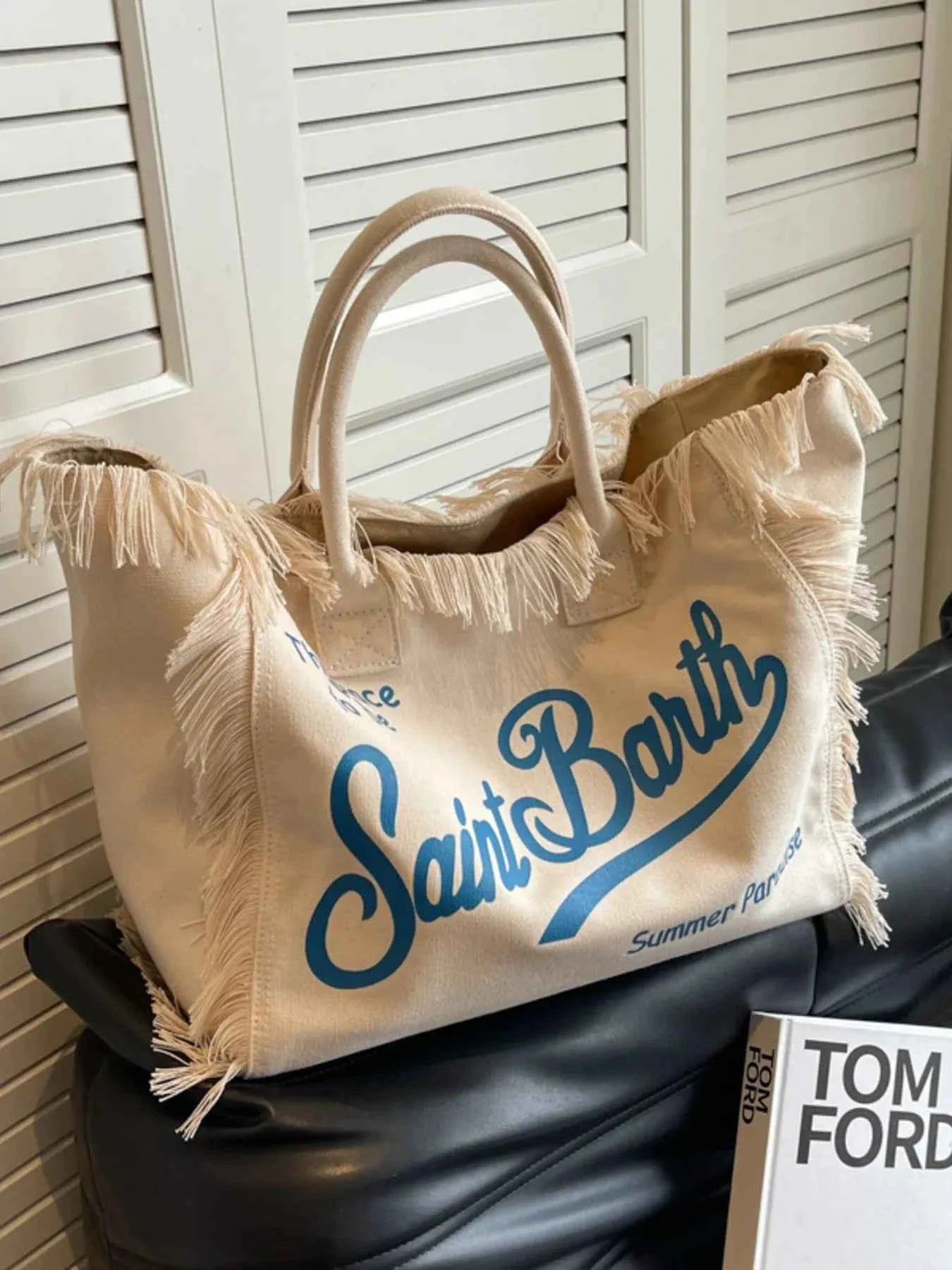 Fringe Letter Canvas Tote Bag Beige One Size 8e7365d3b5124637ad1caf90d09e453a-Max-Origin