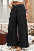 Black Plus Size Elastic Waist Ruffled Wide Leg Denim Pants Black 72%Cotton+26%Polyester+2%Elastane 8e75b6f00a983aa4