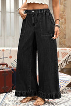 Black Plus Size Elastic Waist Ruffled Wide Leg Denim Pants Black 72%Cotton+26%Polyester+2%Elastane 8e75b6f00a983aa4