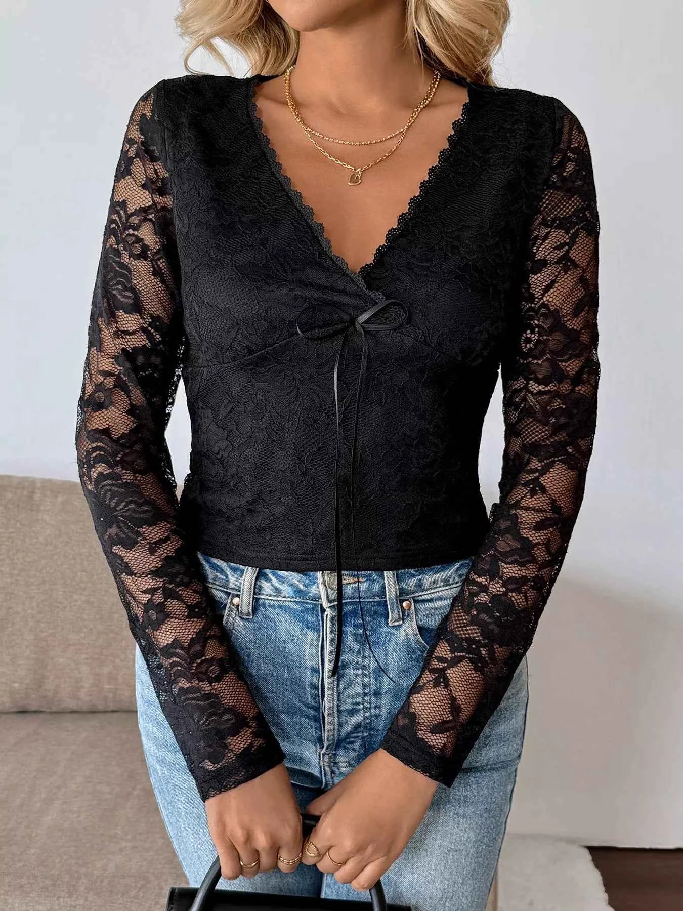 Lace V-Neck Long Sleeve Top Black 8e765e265070412699fc51bf9d23d57e-Max-Origin