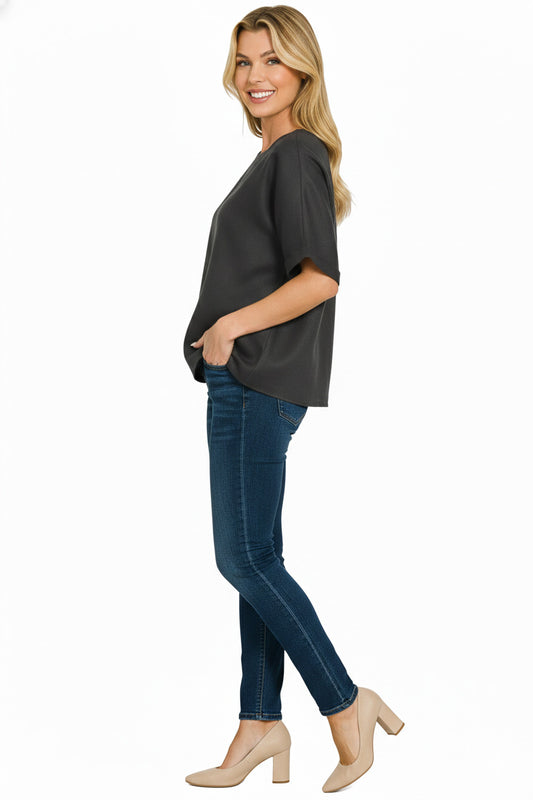 Linen Round Neck Cuffed Sleeve Top 8e7e6b18-1f61-41e1-9696-a16b14bab1f6-Max