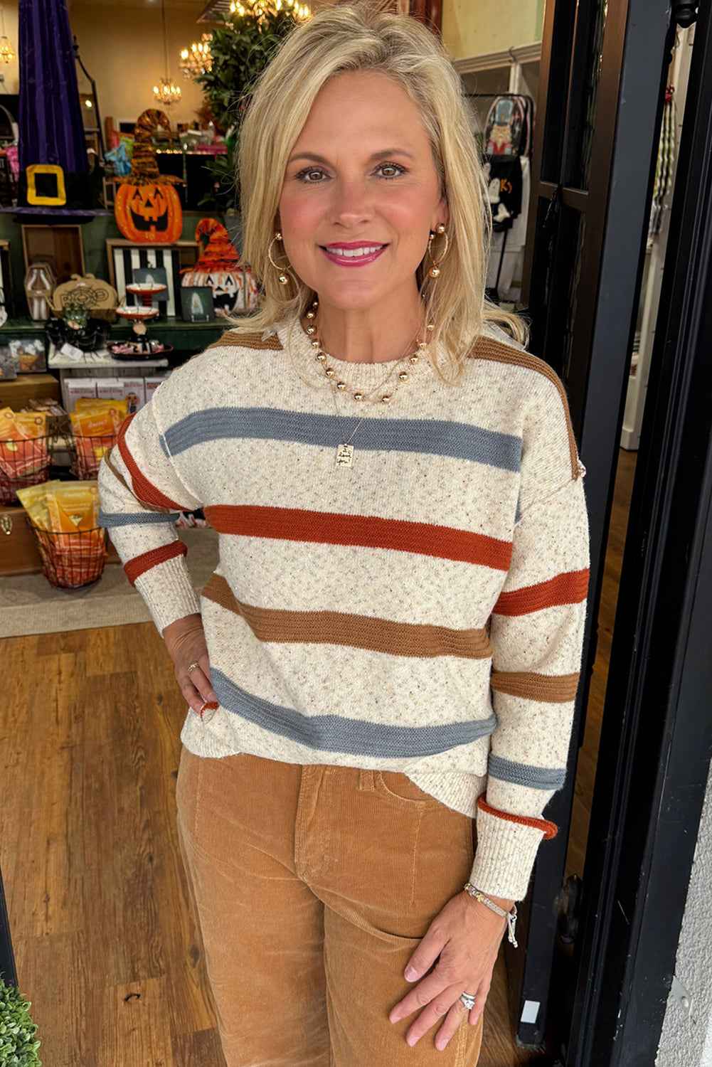 Beige Stripe Exposed Seam Drop Shoulder Heathered Knit Sweater 8e8494b95220c365