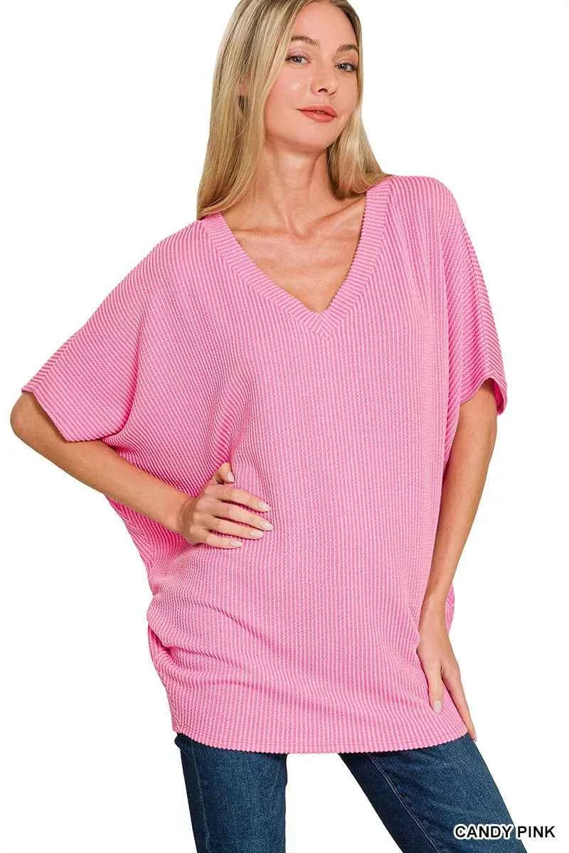 Raised Rib V-Neck Batwing Top CANDY PINK 8e85197438df40ff978dff1de91460ad-Max-Origin
