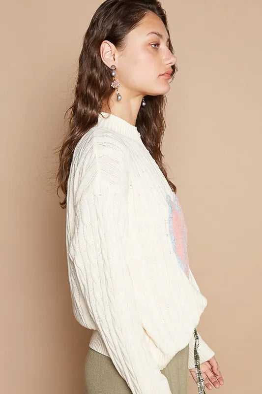 POL Cable-Knit Peace Patch Dropped Shoulder Sweater 8e897877-2dfd-4669-80e7-6943a338f3df-Max