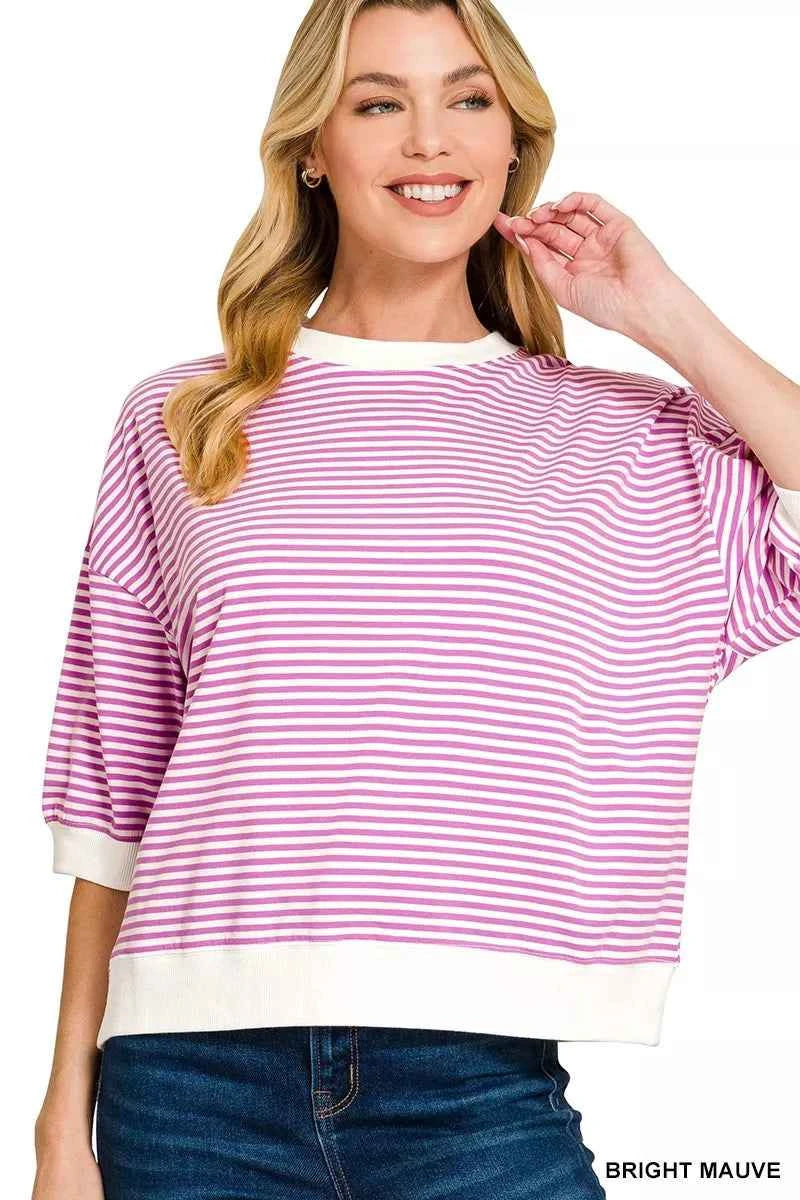 Zenana Striped Contrast Trim Banded Bottom Top BRIGHT MAUVE 8e90ae2d05b641a1b855fe78d4fd47a1-Max-Origin