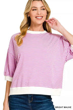 Zenana Striped Contrast Trim Banded Bottom Top BRIGHT MAUVE 8e90ae2d05b641a1b855fe78d4fd47a1-Max-Origin