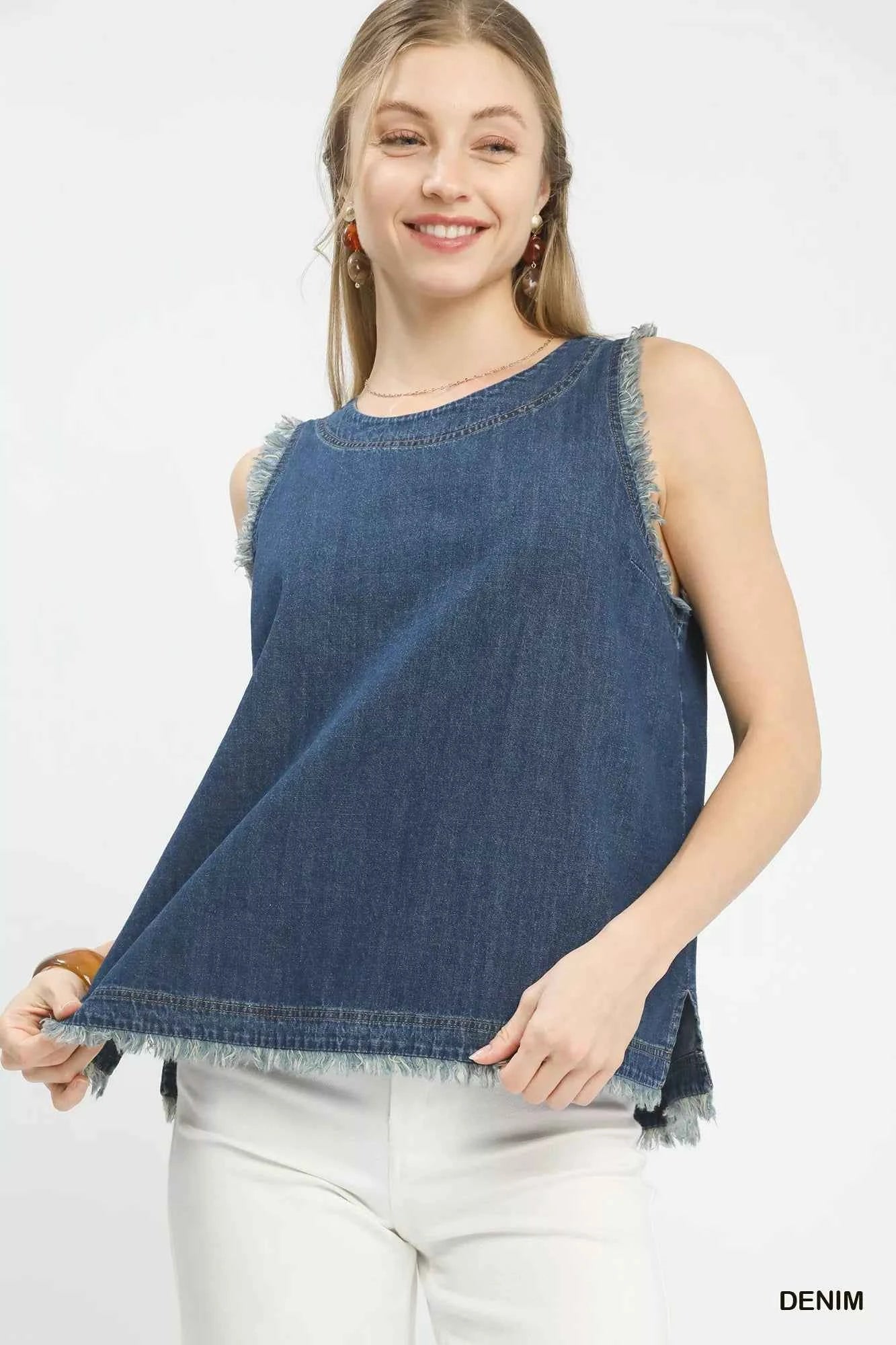 Umgee Sleeveless Fringe Hem Denim Top DENIM 8e91a915-6506-4421-b902-0db16edf13f9-Max-Origin