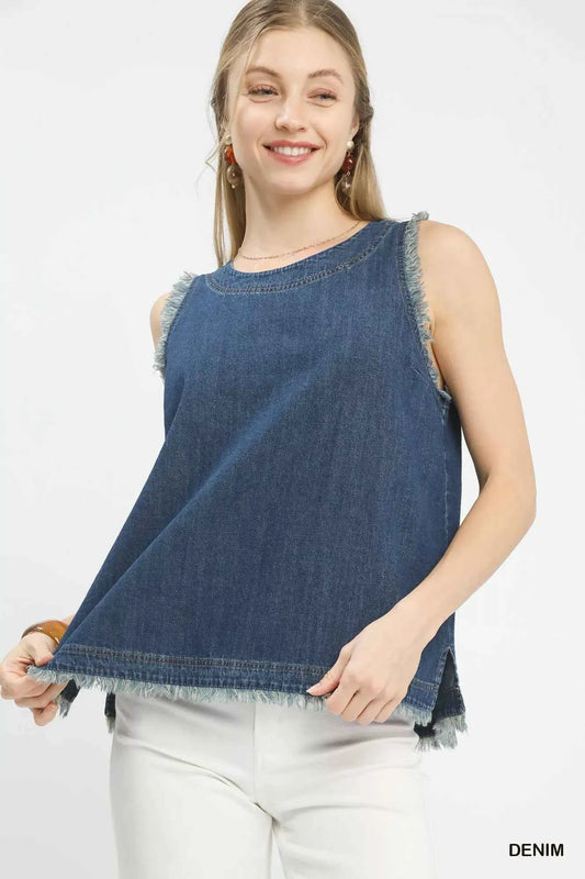 Umgee Sleeveless Fringe Hem Denim Top DENIM 8e91a915-6506-4421-b902-0db16edf13f9-Max-Origin