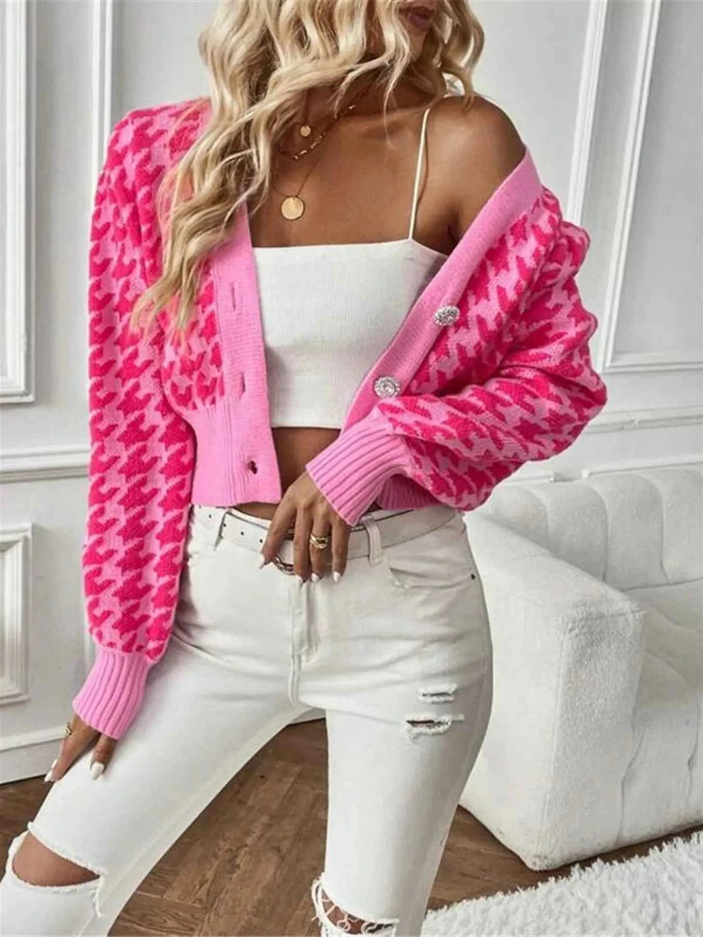 Houndstooth V-Neck Button Up Cardigan 8e922dee59d04c56b356362d0f43dcfd-Max-Origin