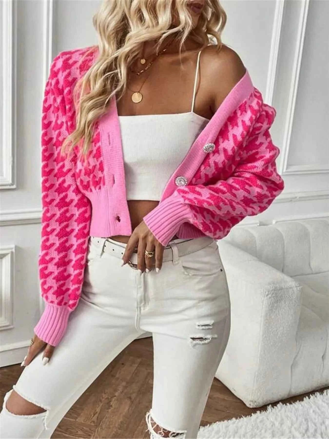 Houndstooth V-Neck Button Up Cardigan 8e922dee59d04c56b356362d0f43dcfd-Max-Origin