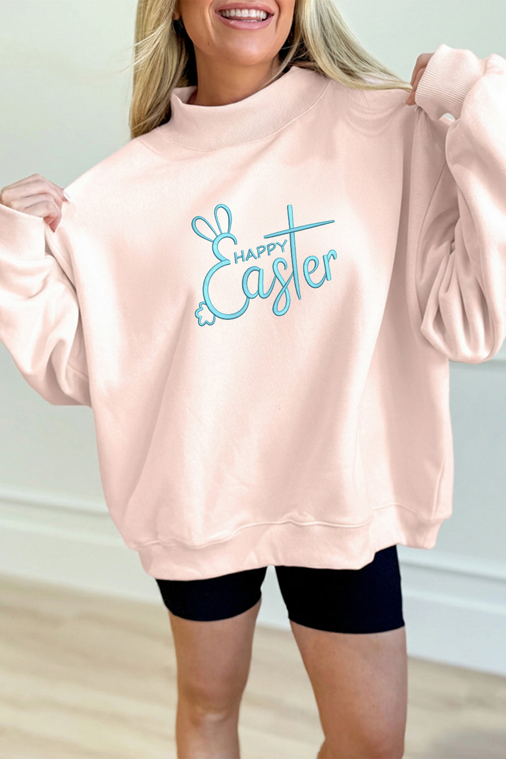 Apricot Pink Happy Easter Chic Bunny Embroidered Mock Neck Sweatshirt Apricot Pink 50%Polyester+50%Cotton 8e9788dc799e531d