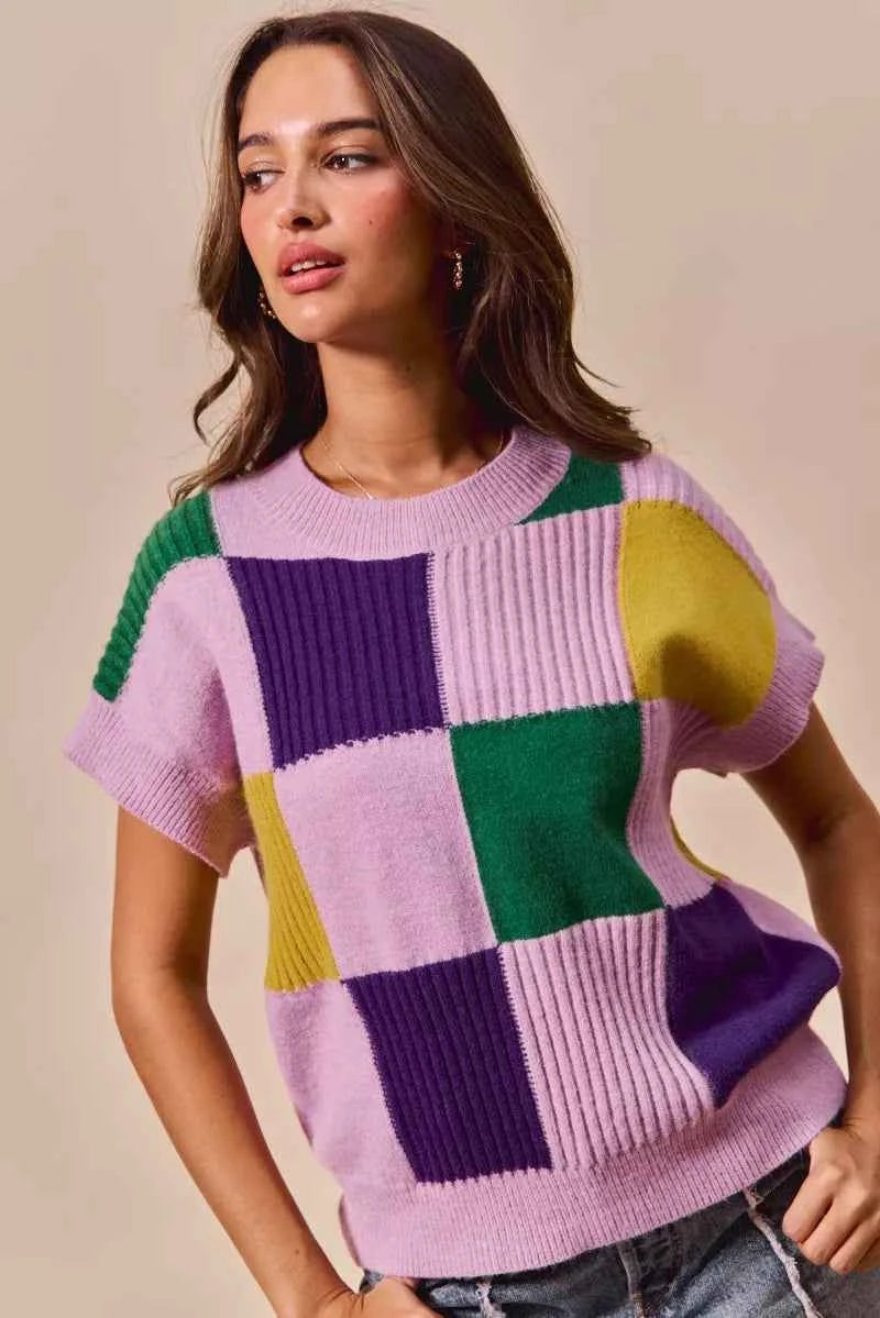SO ME Mardi Gras Check Plaid Casual Sweater Top 8e97e7147cde49649a0a2c651f29e3c0-Max-Origin