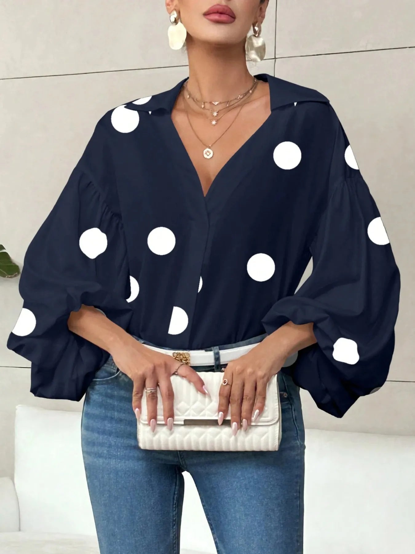 Polka Dot Balloon Sleeve Blouse Navy Blue Polka Dots 8e9b35d0c5e74ff59bb693f602d2b5e7-Max-Origin