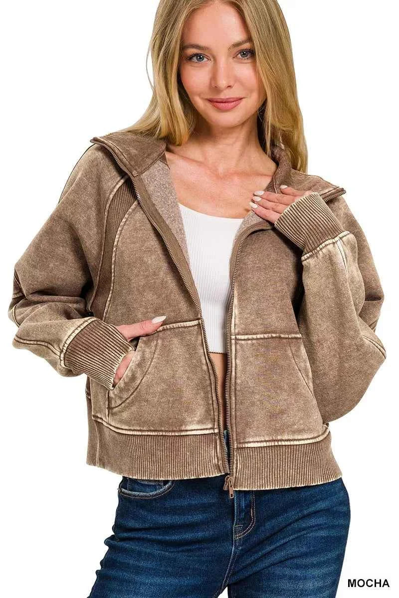 Zenana Acid Wash Zip Up Fleece Jacket