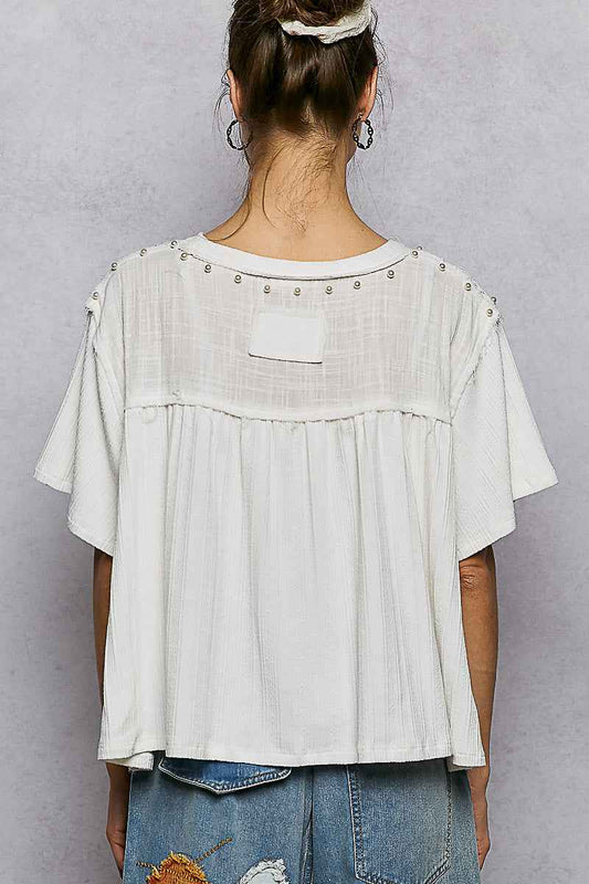 Lace Pearl Stud Round Neck Short Sleeve Shirt 8ead0eb7-7a38-4b70-975c-75c5af021740-Max