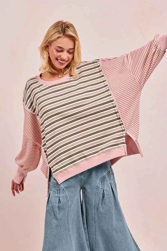Stripe Mixed Top With Cut Edge And Reverse Outseam OATMEAL PINK 8eb32fd082fa40ccb5aed98d9fe8aeeb-Max-Origin