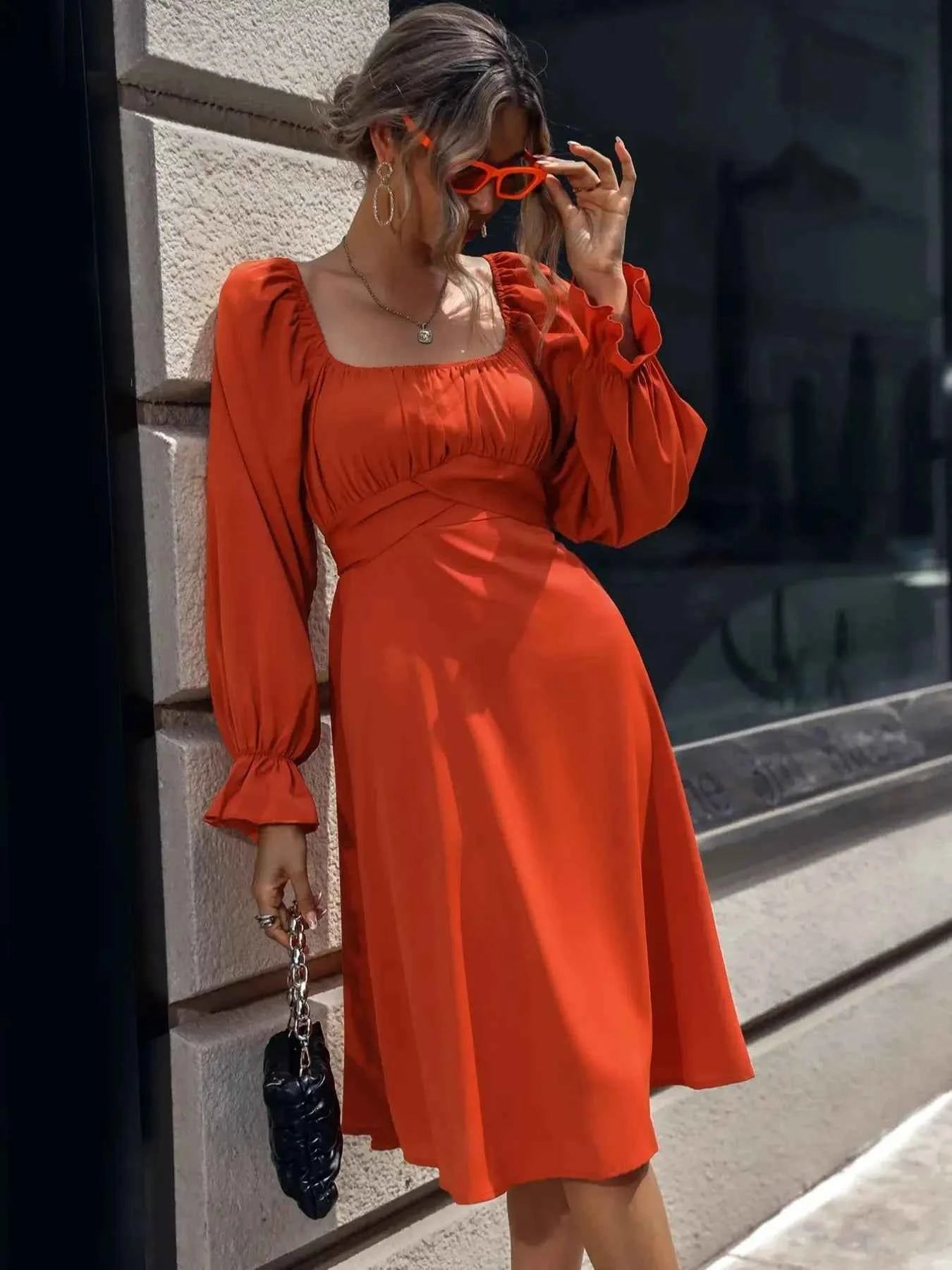 Square Neck Flounce Sleeve Midi Dress Orange-Red 8eb66784-8ec2-4765-8bf7-a34f14e1187c-Max-Origin