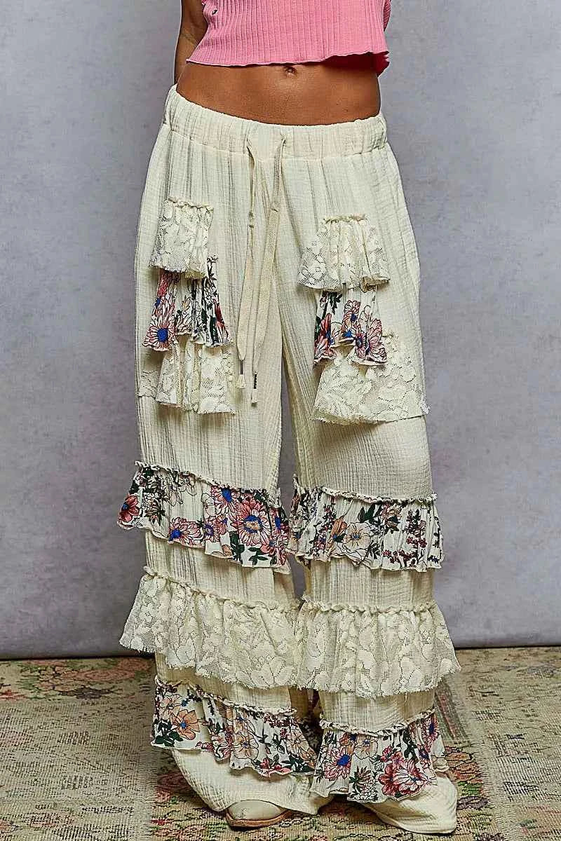 POL Drawstring Double Gauze Wide Leg Pants with Print and Lace Ruffle NATURAL 8ebbc506-9e44-4e39-8670-386d792a2517-Max-Origin