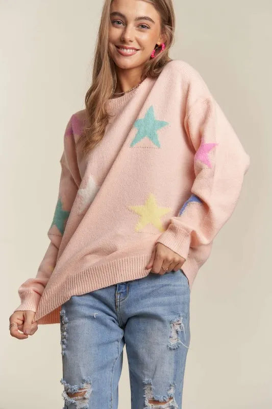 ADORA Stars Pattern Round Neck Drop Shoulder Sweater 8ebcad1a-e677-4f10-8e17-d79a84a02b85-Max
