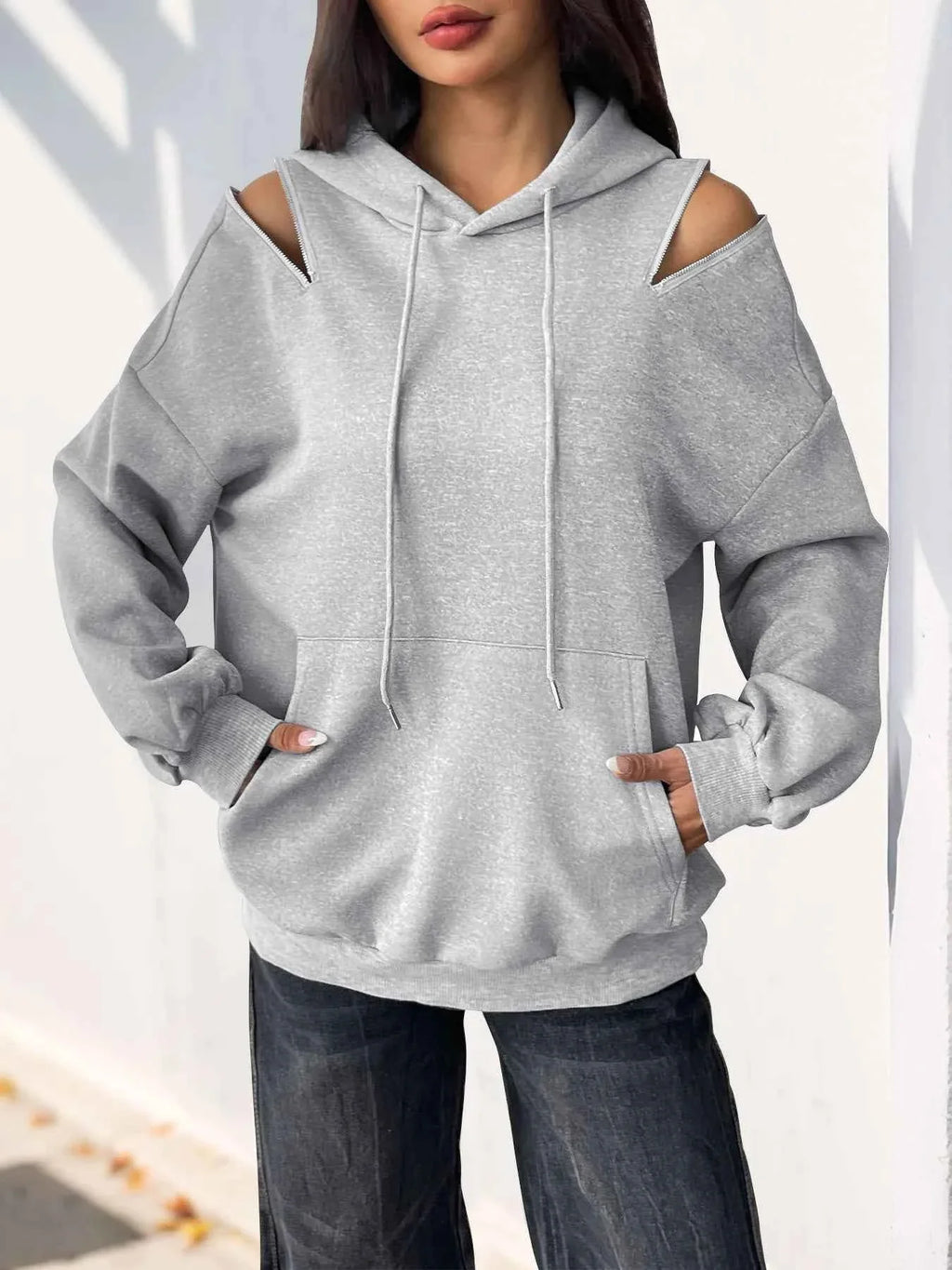 Drawstring Zip Detail Cold Shoulder Hoodie 8ebcc20a8cf64b67bcce2b50a368dbde-Max-Origin