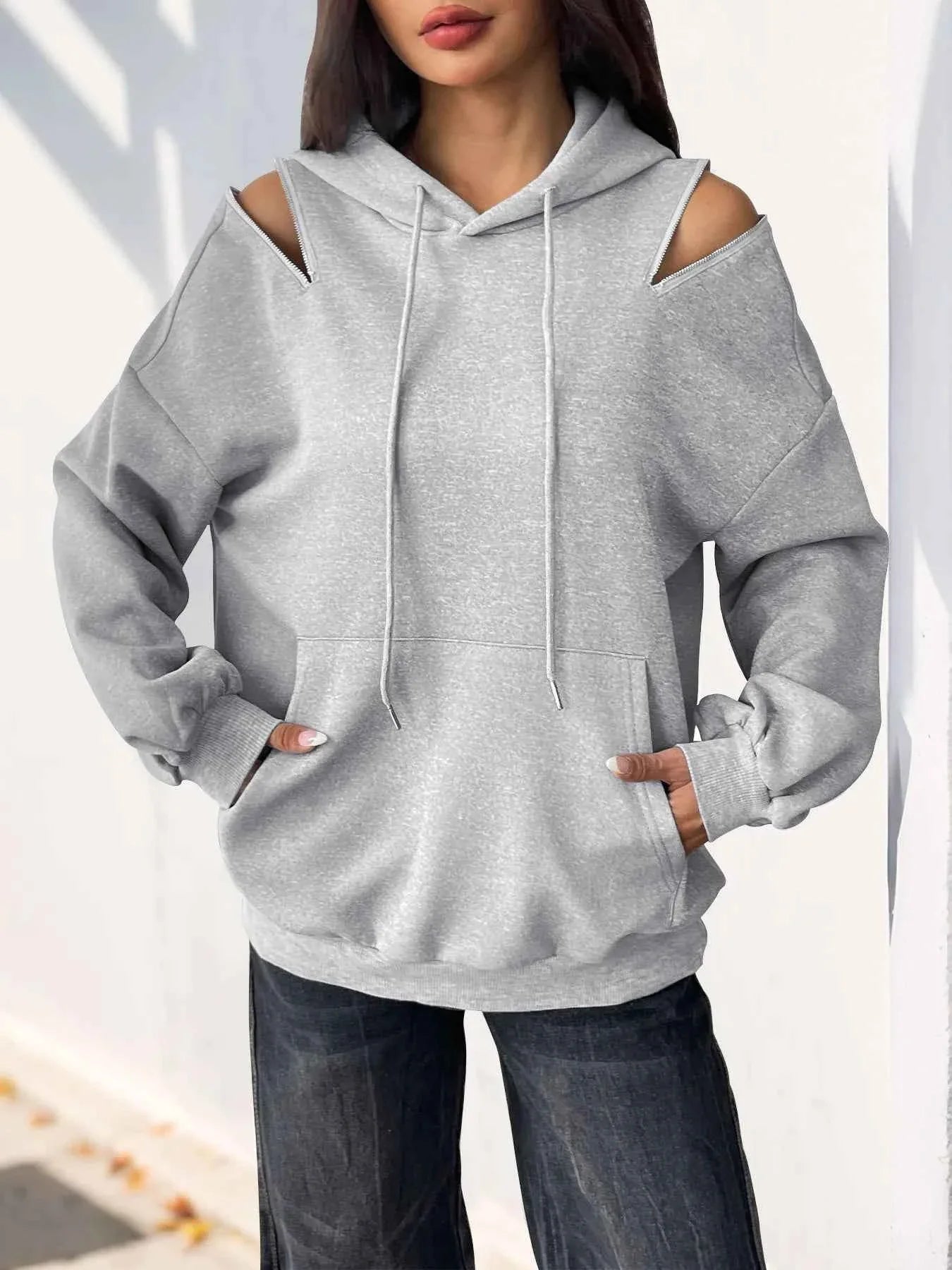 Drawstring Zip Detail Cold Shoulder Hoodie 8ebcc20a8cf64b67bcce2b50a368dbde-Max-Origin