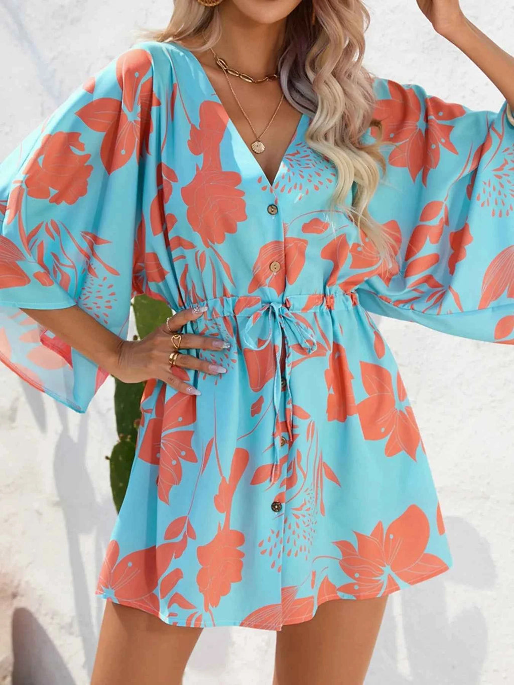 Color Block Drawstring Waist Button Up Dress 8ec216409ce4400999b3b33f40e360da-Max-Origin