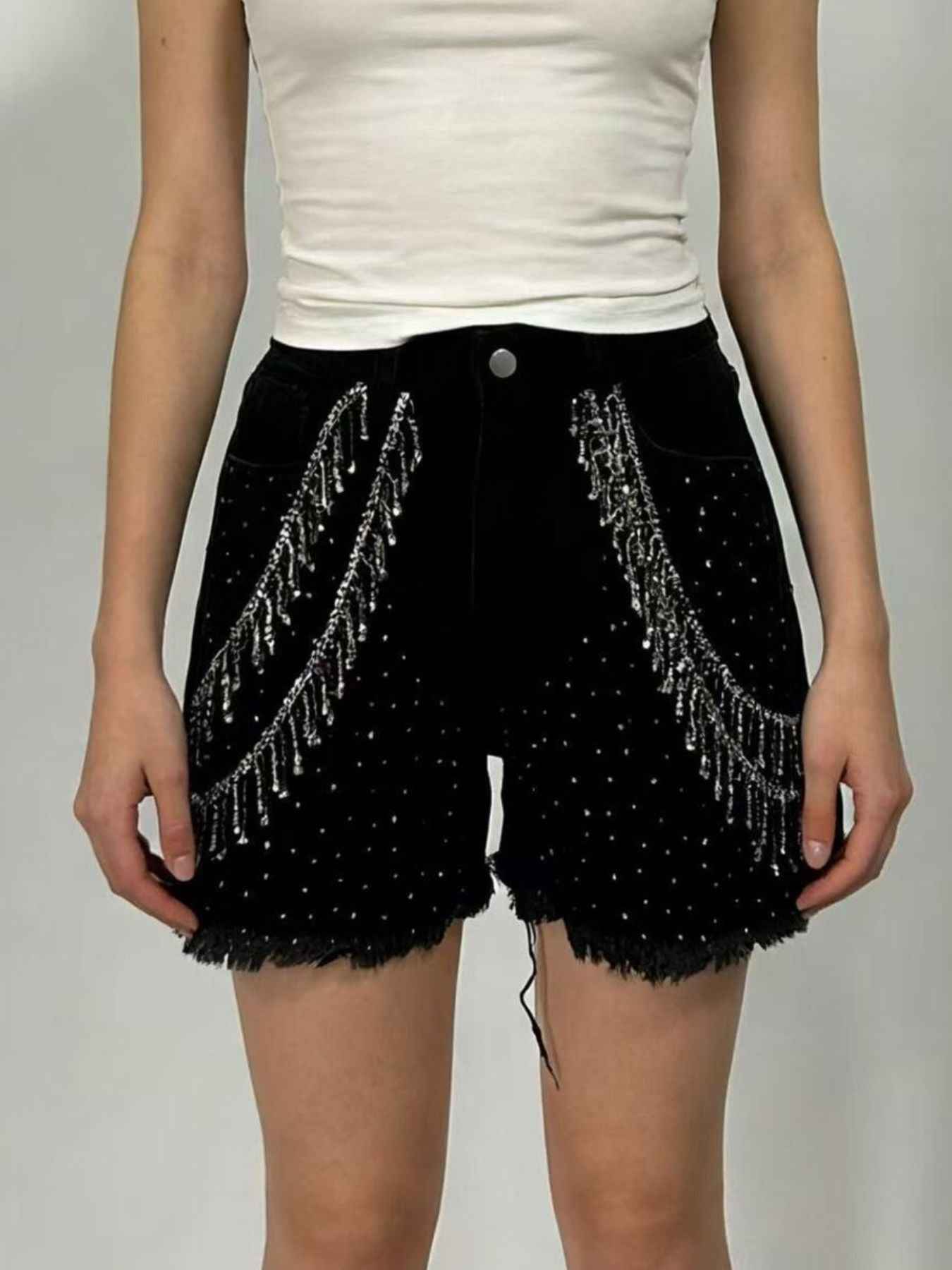 Rhinestone Chain Raw Hem Denim Shorts Black 8ec42384-ec5a-452f-ae02-b5f2040f9eaa-Max