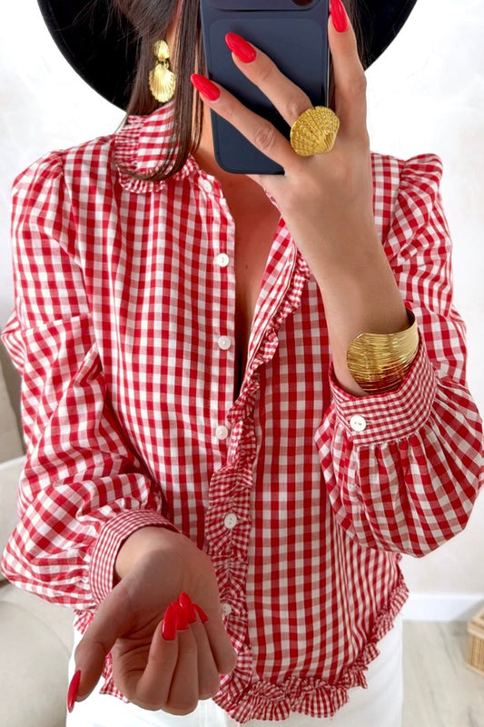 Red Plaid Long Sleeve Button Down Frill Detail Casual Shirt 8ed19c90a8198cbc