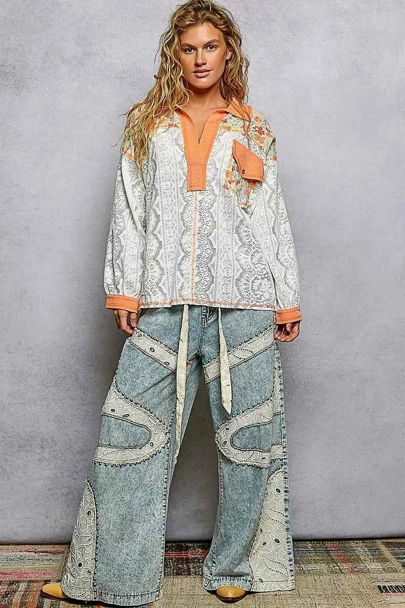 POL Floral Print Long Sleeve Lace Shirt with Front Pocket 8ed1a50c-5893-4cee-9d6f-d9da3074634a-Max-Origin