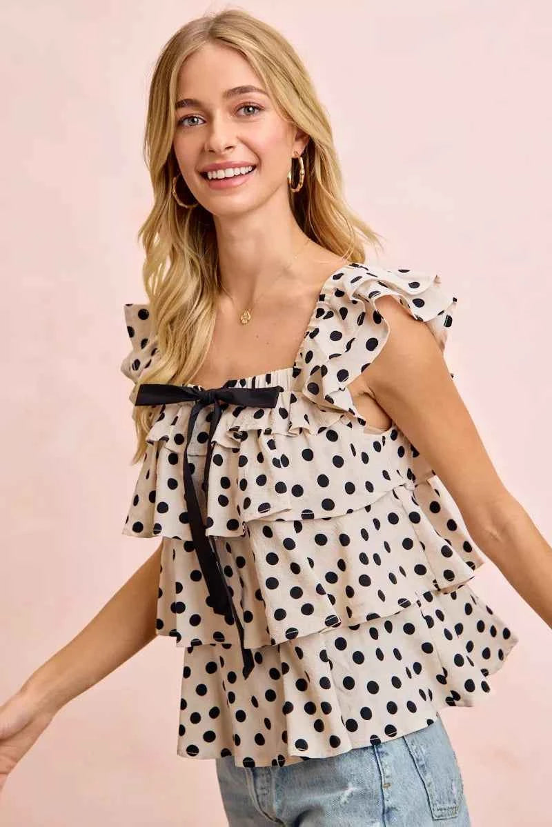 BiBi Polka Dot Ruffled Bow Tied Square Neck Sleeveless Top 8ed222528da24399b68845b9ff1507aa-Max-Origin