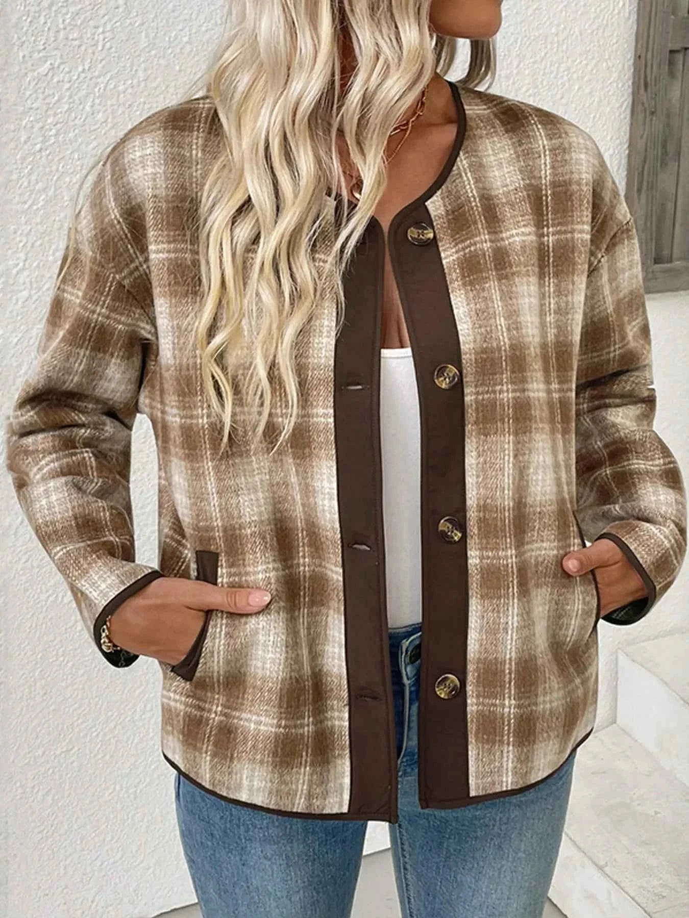 Plaid Long Sleeve Button-Up Jacket 8ed8c54df3514c33b42e79d3f0ab2630-Max-Origin