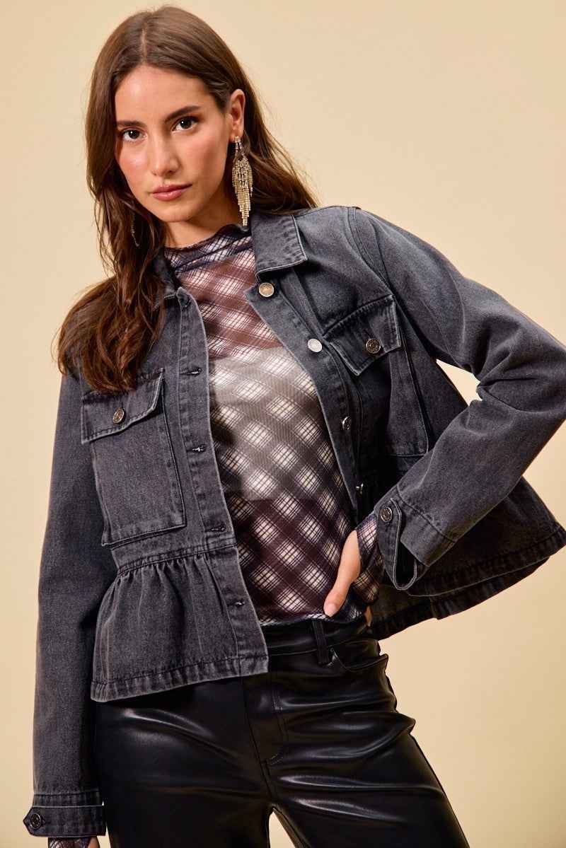SO ME Denim Peplum Hem Front Button Jacket With Pockets 8eddd35677564589bc3a3e8ae0a9c80c-Max