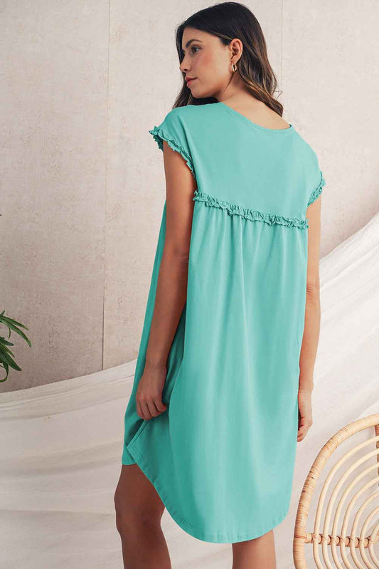 Mint Green Frilled Trim Crewneck Loose Fit Mini Dress Mint Green 8ee0465b43583146