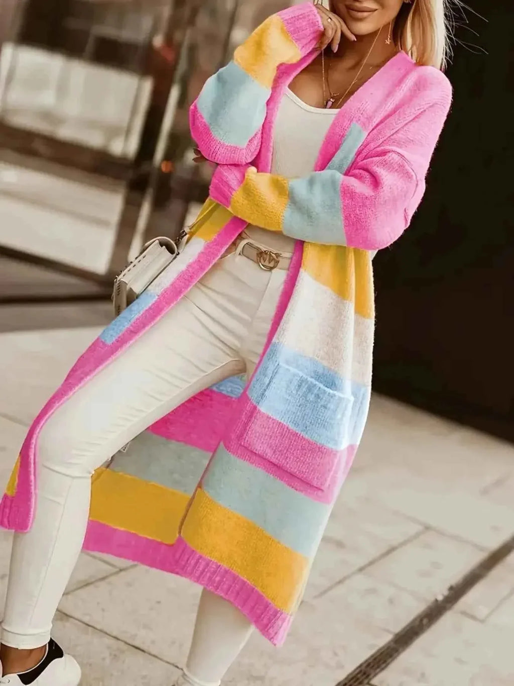 Color Block Open Front Cardigan Fuchsia Pink 8ee7a646-a00b-44df-a1fa-c498992947f3-Max-Origin