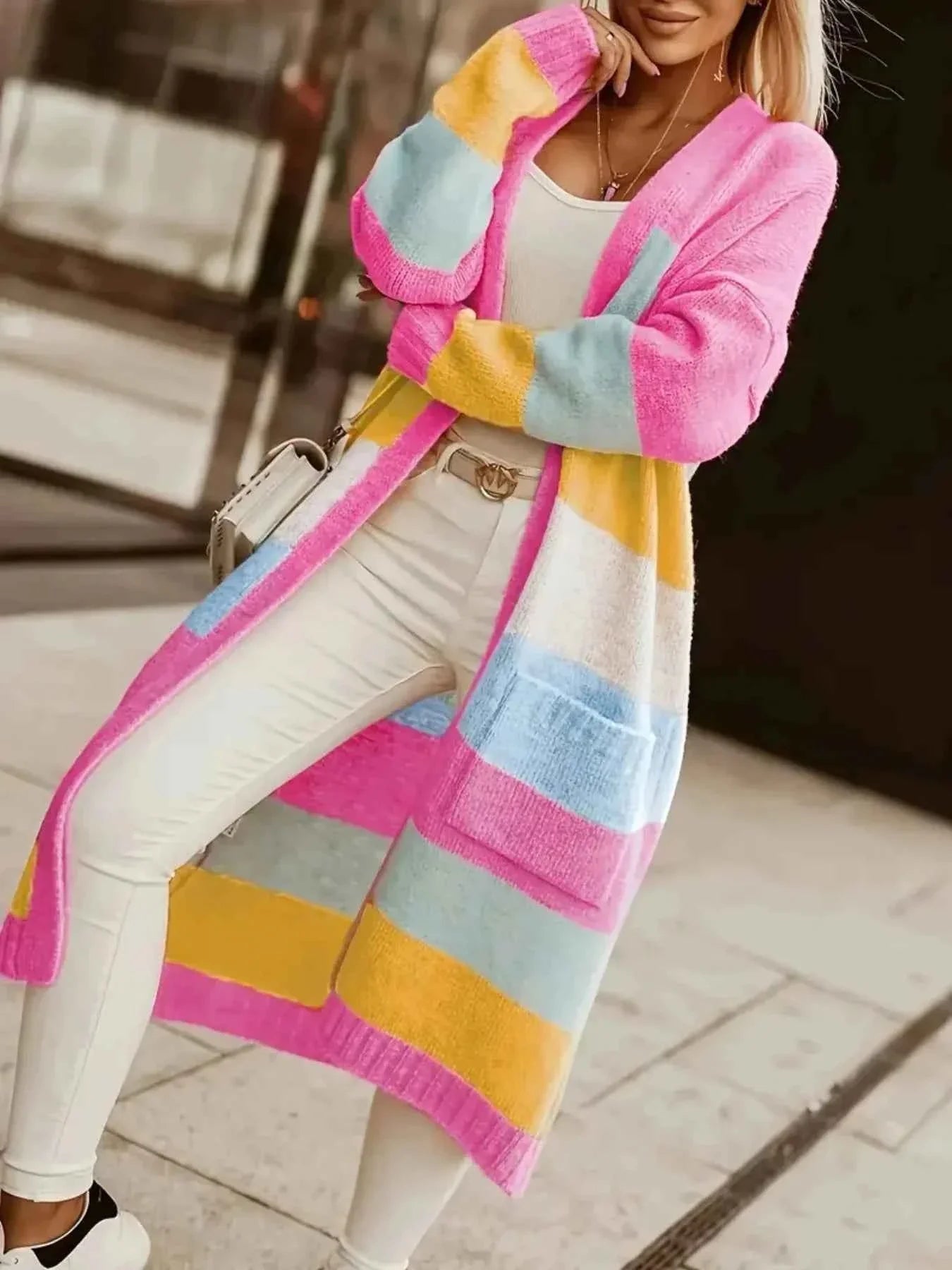 Color Block Open Front Cardigan Fuchsia Pink 8ee7a646-a00b-44df-a1fa-c498992947f3-Max-Origin