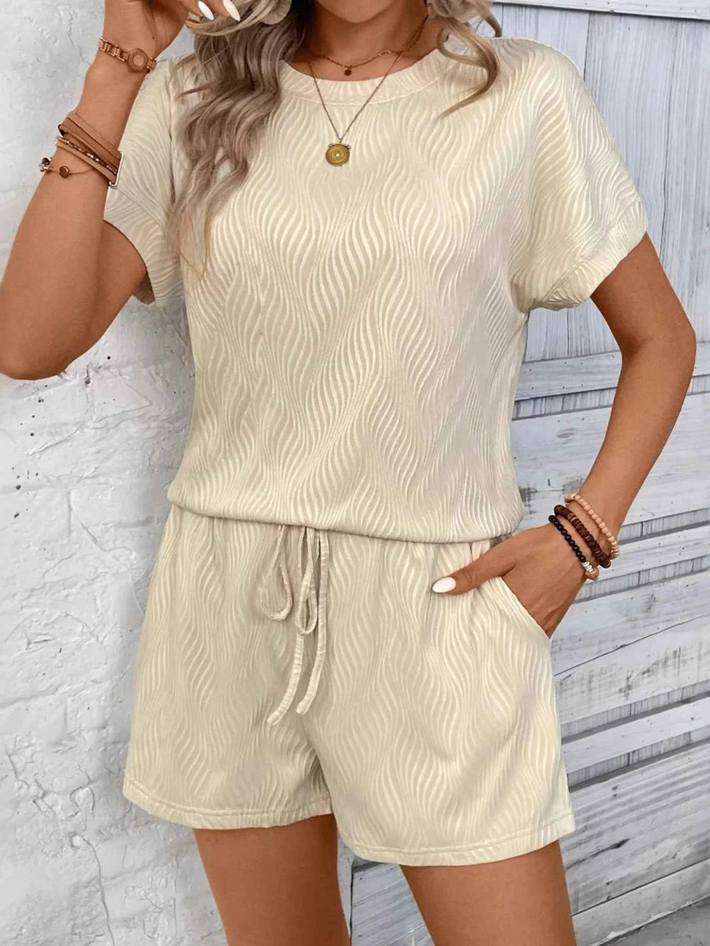 Textured Knit Round Neck Top and Shorts Set 8eeb0fd502c447629ac5b3b2de51cb4a-Max-Origin