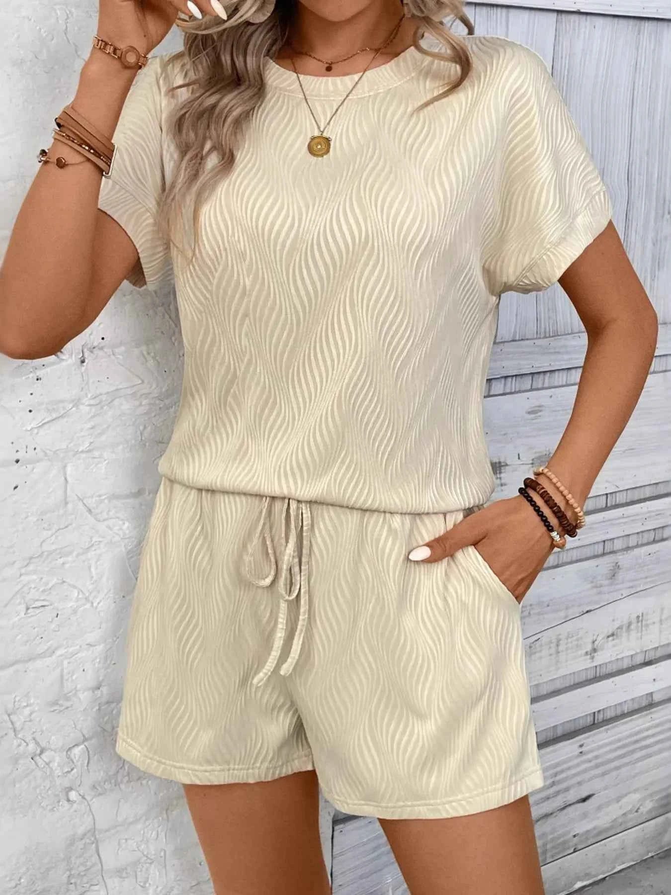 Textured Knit Round Neck Top and Shorts Set 8eeb0fd502c447629ac5b3b2de51cb4a-Max-Origin