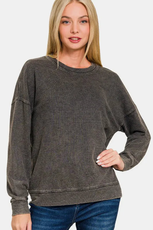 Zenana Washed Round Neck Dropped Shoulder Sweatshirt Black 8eed95bf-9790-41be-bcbc-7fb6b4d18b7f-Max