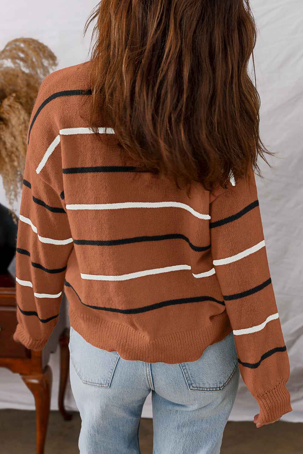 Multicolour Striped Ribbed Edge Drop Shoulder Sweater 8eee67f2f1101b11