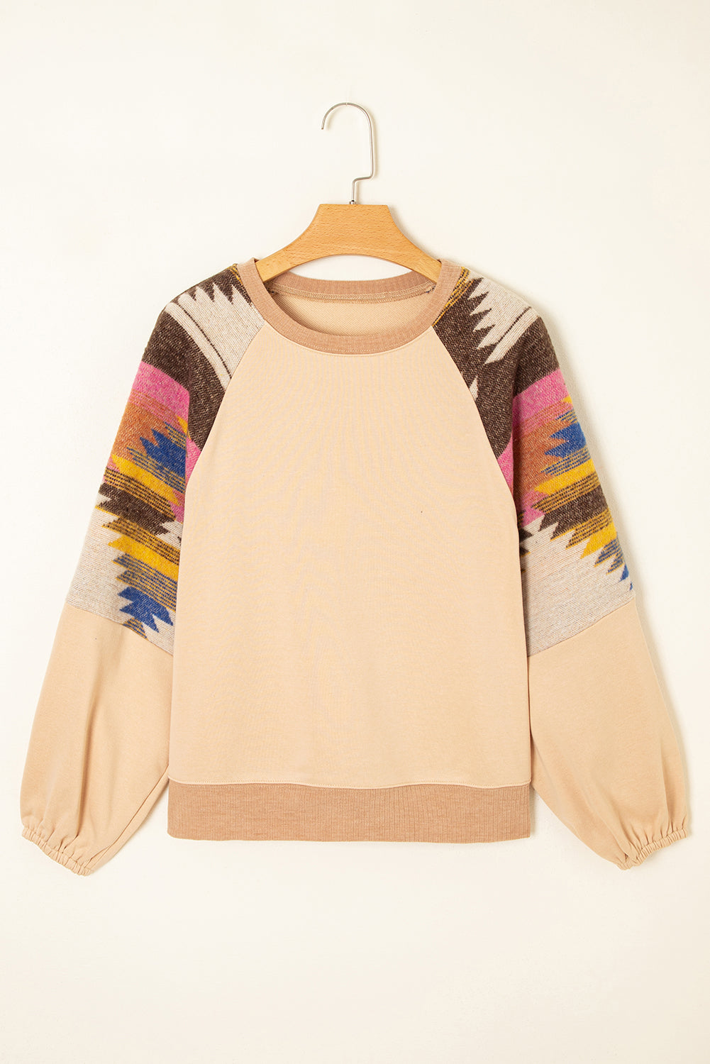 Light French Beige Geometric Patchwork Raglan Sleeve Pullover Sweatshirt 8eefdc17ad9a18e4