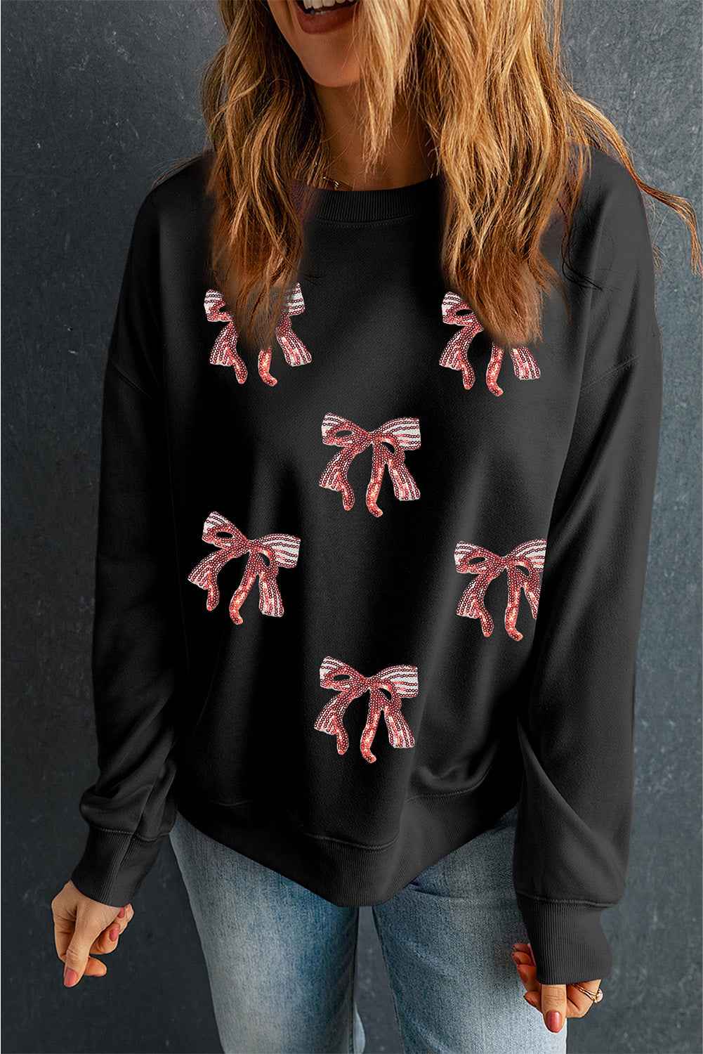 Black Christmas Fashion Sequin Ribbon Bow Patched Drop Shoulder Sweatshirt 8ef34e4e1725c177