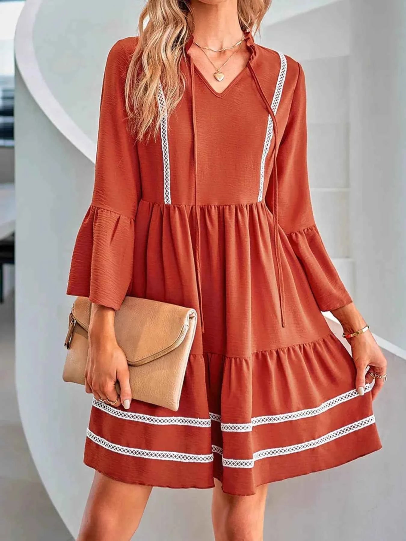 Tie-Neck Long Sleeve Mini Dress with Trim Detail Rust 8ef4c96df0ea49edb0a96db55b30e38a-Max-Origin