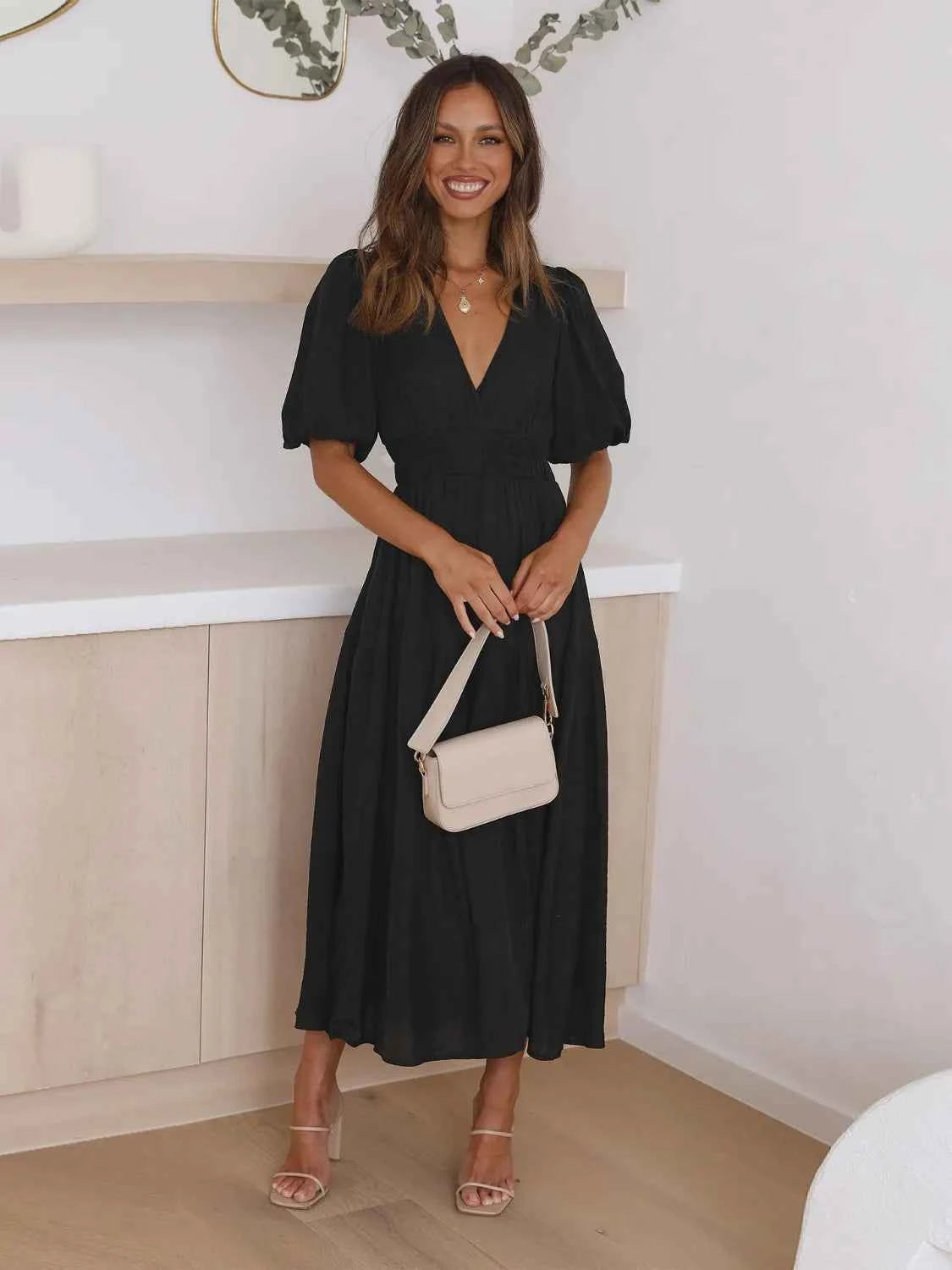 Tiered Surplice Half Sleeve Midi Dress Black 8ef66e1c-33b1-4a90-8e50-a8bf0d3e173a-Max-Origin