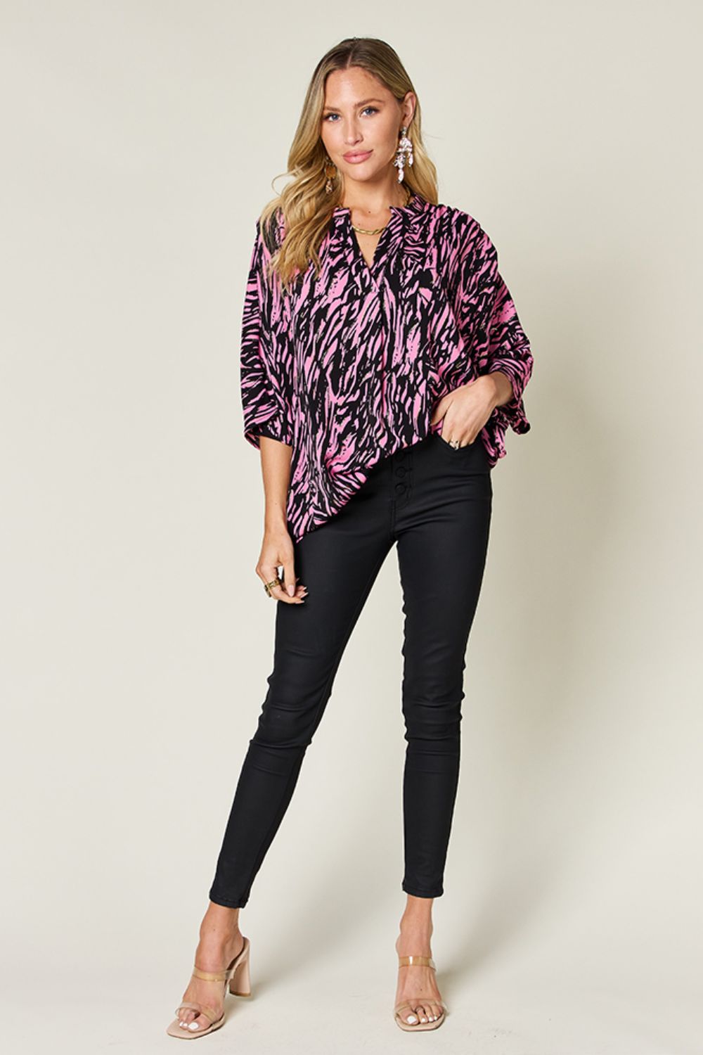 Double Take Full Size Printed Notched Three-Quarter Sleeve Blouse