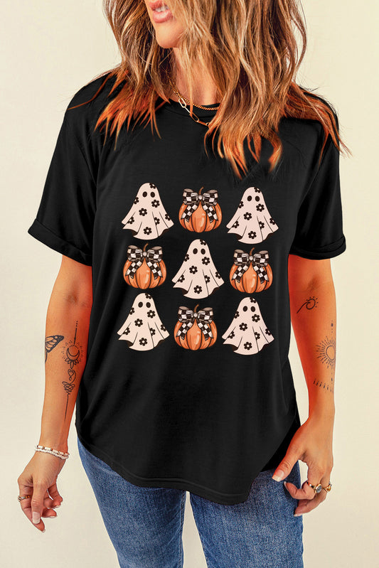 Black Halloween Ghost Pumpkin Graphic Crew Neck T Shirt 8ef8b0c92e997f4c