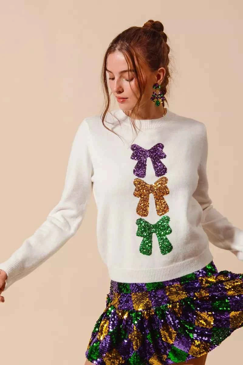 SO ME Mardi Gras Sequins Bow Ribbon Embellished Sweater 8ef8dafb05c54f8683920e9abb5cf3f7-Max-Origin