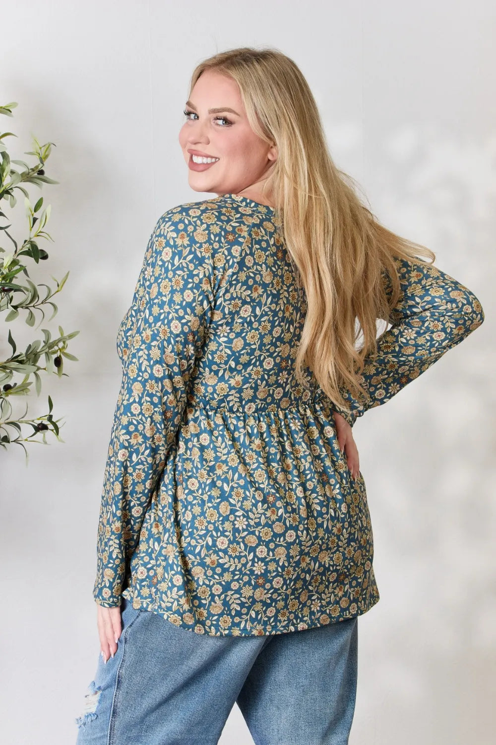Heimish Full Size Floral Half Button Long Sleeve Blouse 8efb0d5a2f7a4cc2a1eca6d05e7c5dea-Max