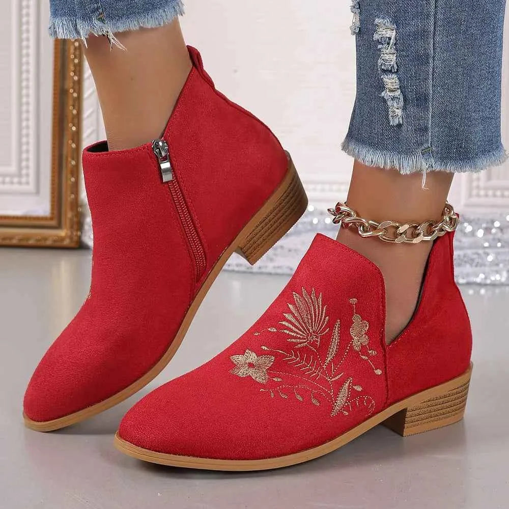 Embroidered Suede Point Toe Block Heel Boots Red 8efea61c-6d81-47a3-9f3f-60ec8472fbc4-Max